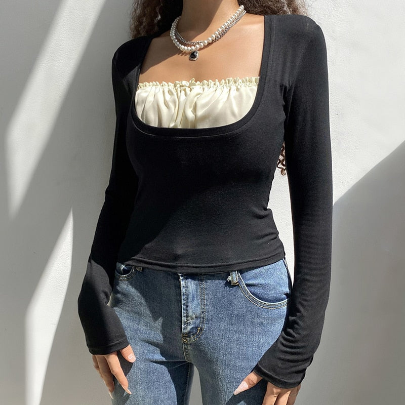 Patchwork Slim Tops Tee Long Sleeves Square Collar Retro Casual Tshirts - MERGE.DAY.1.FREESTYLE