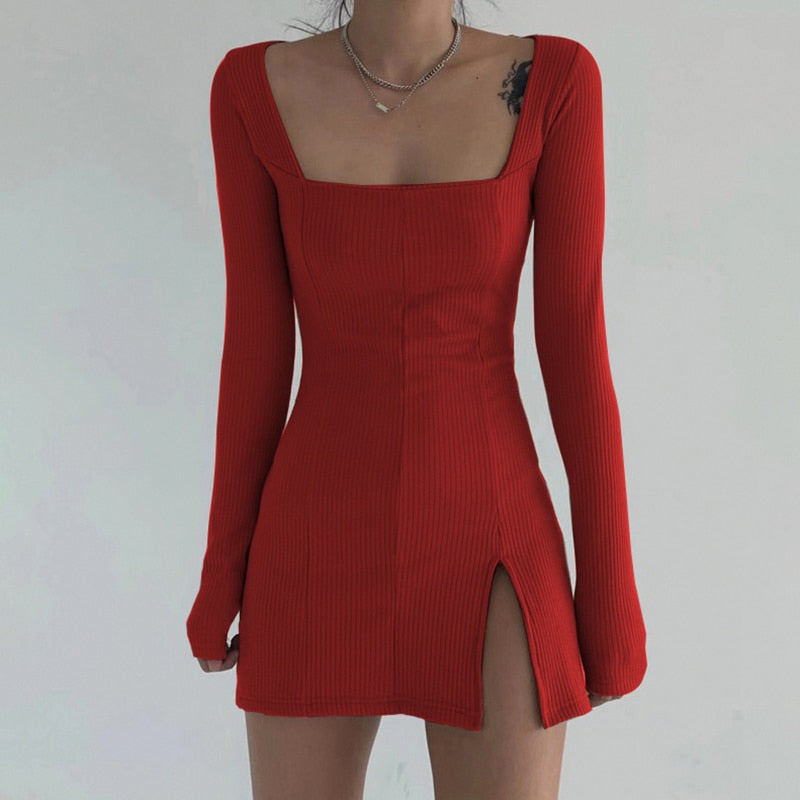 Square Neck Ribbed Black Dress Female Knitted Side Split Bodycon Dress Long Sleeve Mini Dresses - MERGE.DAY.1.FREESTYLE