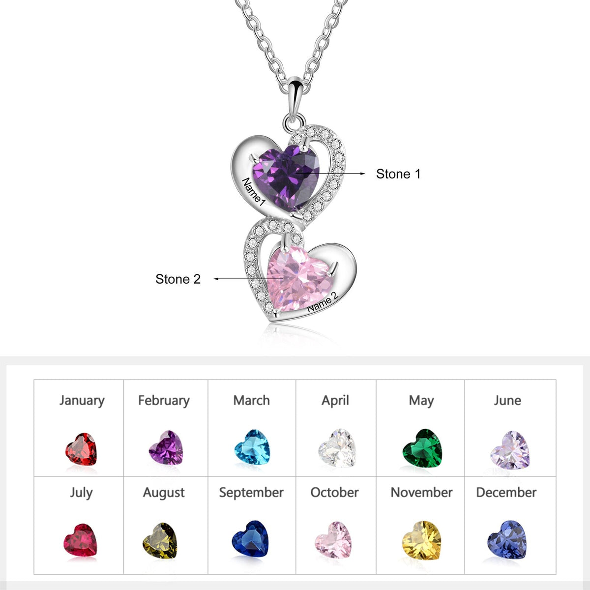 925 Sterling Silver Heart Necklace with 2 Birthstone Cubic Zirconia Custom Name Pendant - MERGE.DAY.1.FREESTYLE