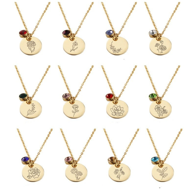 Stainless Steel Birth Flower Necklaces Birthstone Choker Necklace - MERGE.DAY.1.FREESTYLE