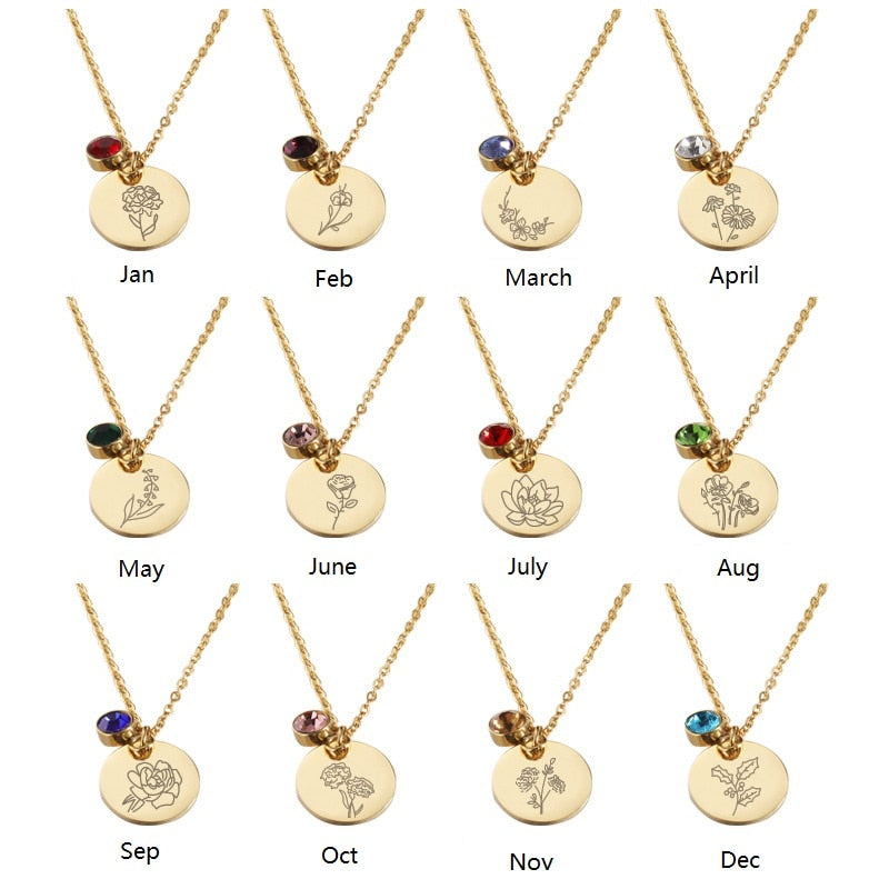 Stainless Steel Birth Flower Necklaces Birthstone Choker Necklace - MERGE.DAY.1.FREESTYLE