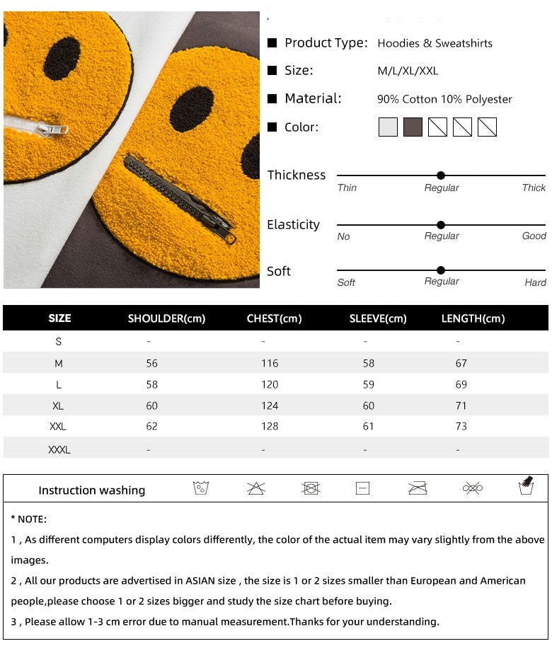 Zipper Pocket Smile Face Patchwork Fleece Hoodies Sweatshirts Streetwear - MERGE.DAY.1.FREESTYLE
