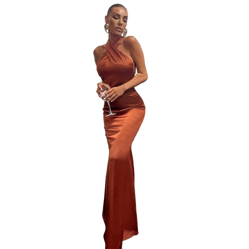 Solid Satin Halter Sleeveless Slim Bodycon Maxi Dress - MERGE.DAY.1.FREESTYLE