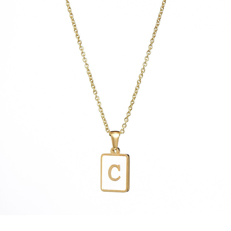 18K Golden Chain Necklaces Male Square Natural Shell Initial Letters Pendant Stainless Steel Jewelry - MERGE.DAY.1.FREESTYLE