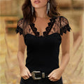 Casual V-neck Lace Short Sleeve T-shirt for Women Clothes Sexy Solid Tee Shirt Office Lady Top - MERGE.DAY.1.FREESTYLE