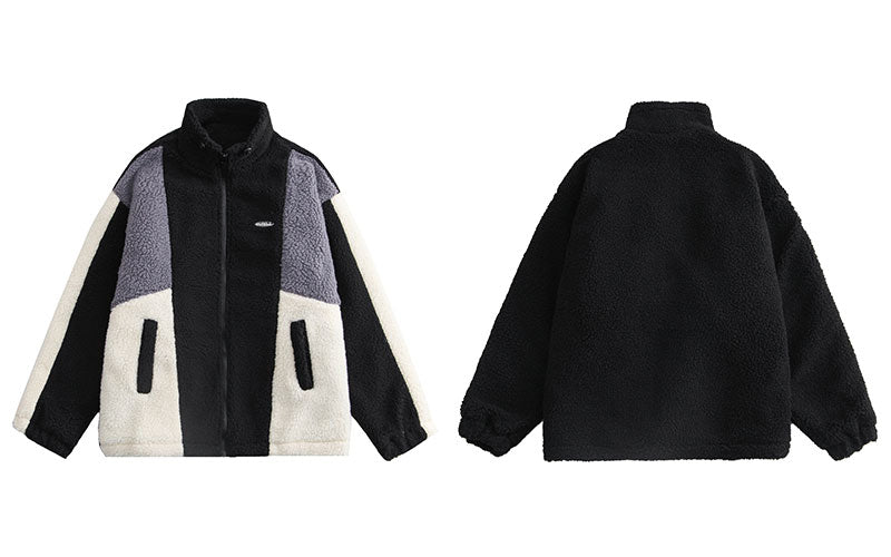 Color Block Patchwork Cotton Thick Warm Varsity Fuzzy Coat Jackets - MERGE.DAY.1.FREESTYLE