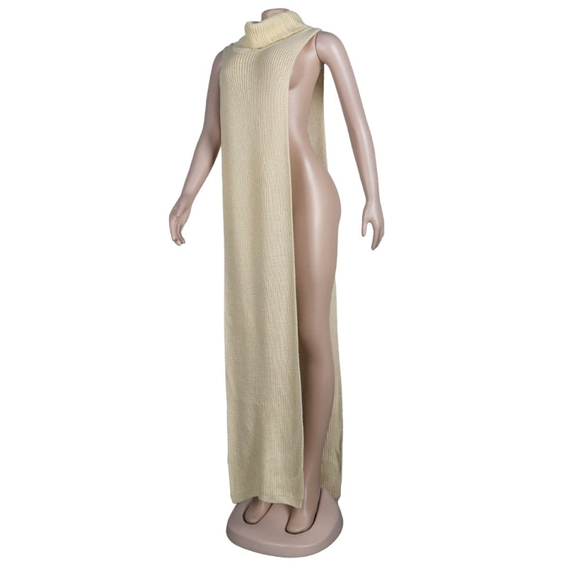 Knitted Side Split Sweater Dress Sleeveless Spring Clothes for Women Y2k Outfits Long Maxi Dresses - MERGE.DAY.1.FREESTYLE