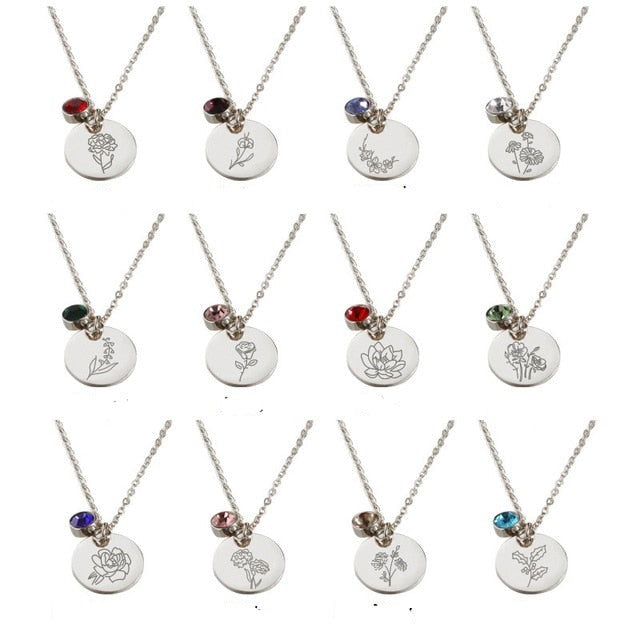 Stainless Steel Birth Flower Necklaces Birthstone Choker Necklace - MERGE.DAY.1.FREESTYLE