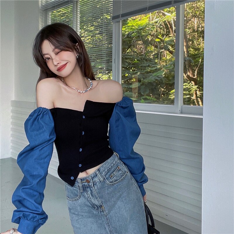 Patchwork Denim Shirts Women French Square Collar Puff Blouses Long Sleeve Crop Tops - MERGE.DAY.1.FREESTYLE