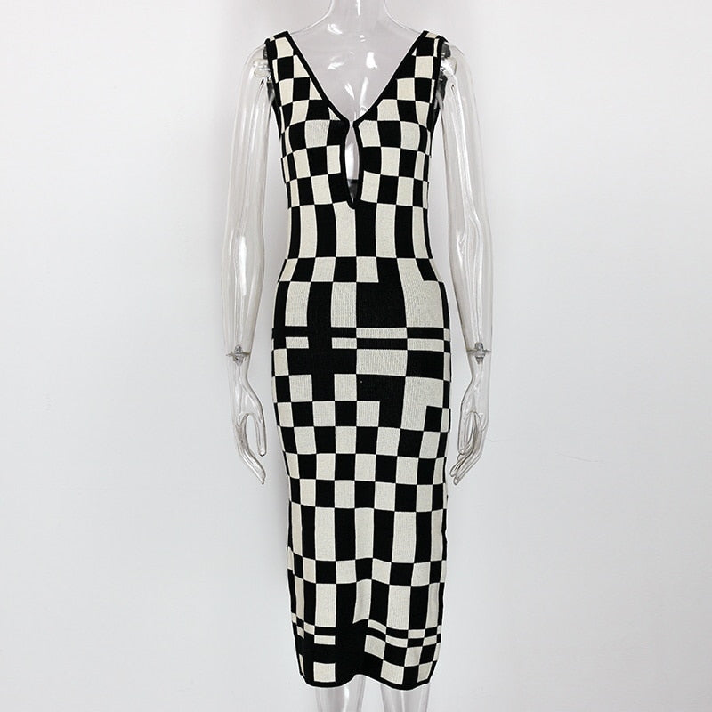 Knitted Sexy Bodycon Summer Women Dresses Backless Plaid Print Spaghetti Strap Hollow Out Vestidos - MERGE.DAY.1.FREESTYLE