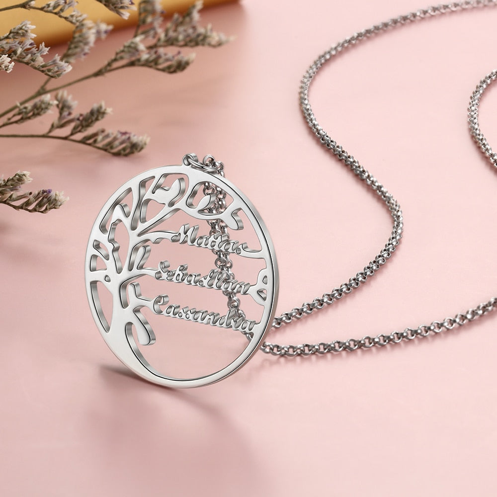 Family Tree Necklace Customized Nameplate with 3 Names Round Tree of Life Pendant - MERGE.DAY.1.FREESTYLE