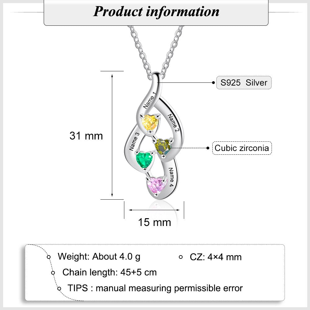 925 Sterling Silver Mother Necklace with 4 Custom Birthstones Name Heart Necklaces - MERGE.DAY.1.FREESTYLE