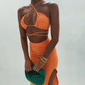 Cryptographic Bandage Cut Out Sexy Halter Neck Top and Skirts Set Gathered Elegant - MERGE.DAY.1.FREESTYLE