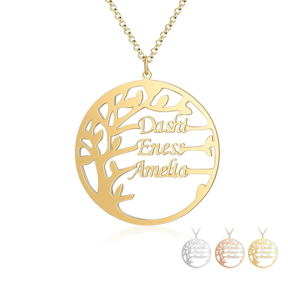 Family Tree Necklace Customized Nameplate with 3 Names Round Tree of Life Pendant - MERGE.DAY.1.FREESTYLE