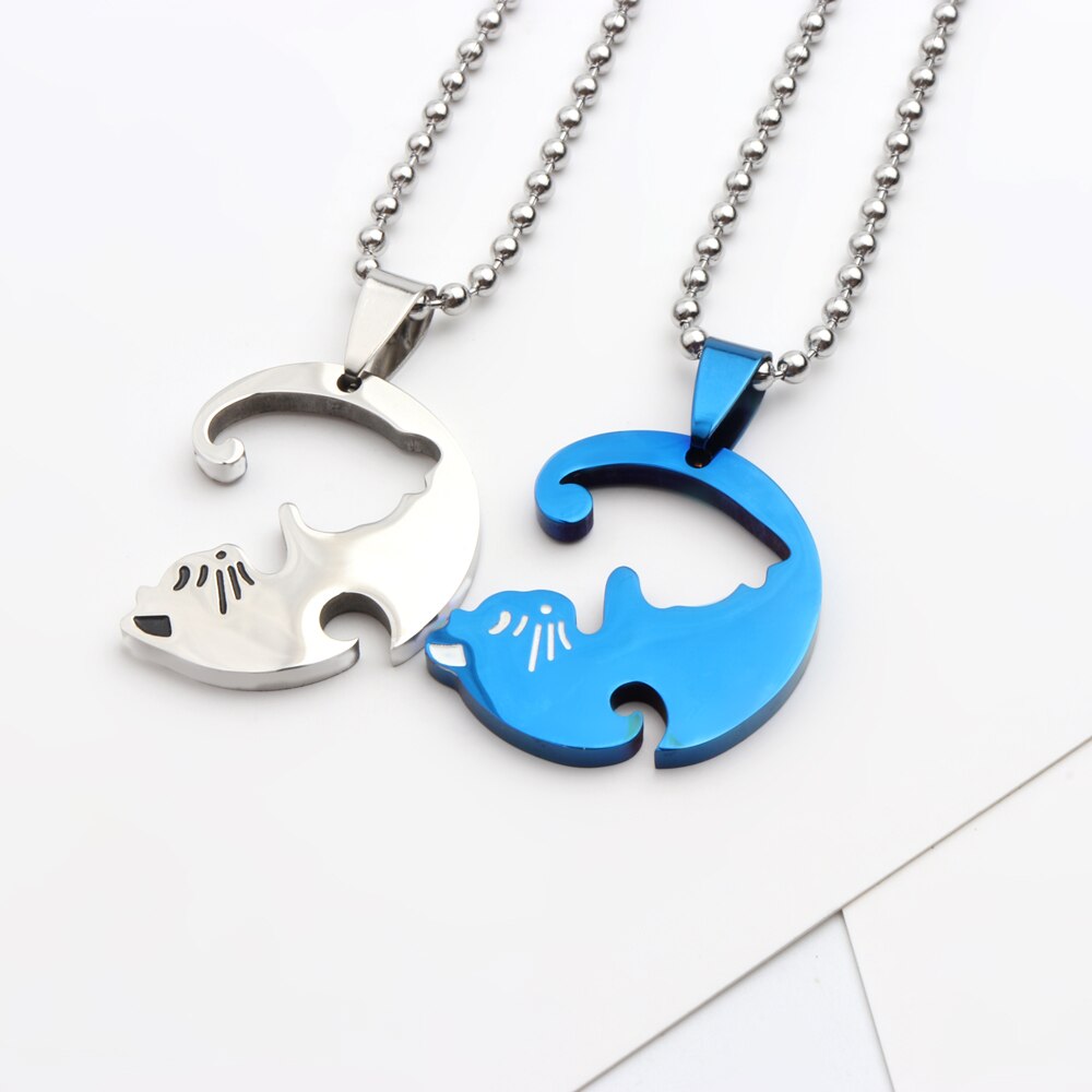 1 Set Couple Charm Cat Pendant Necklace Women Men Stainless Steel Girl Gift Jewelry Blue Cololr - MERGE.DAY.1.FREESTYLE