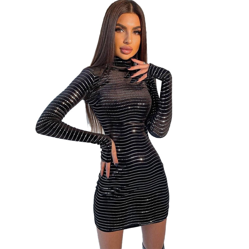 Sequins Long Sleeve Turtleneck Bodycon Slim Sexy Mini Dress Party Club Y2K - MERGE.DAY.1.FREESTYLE