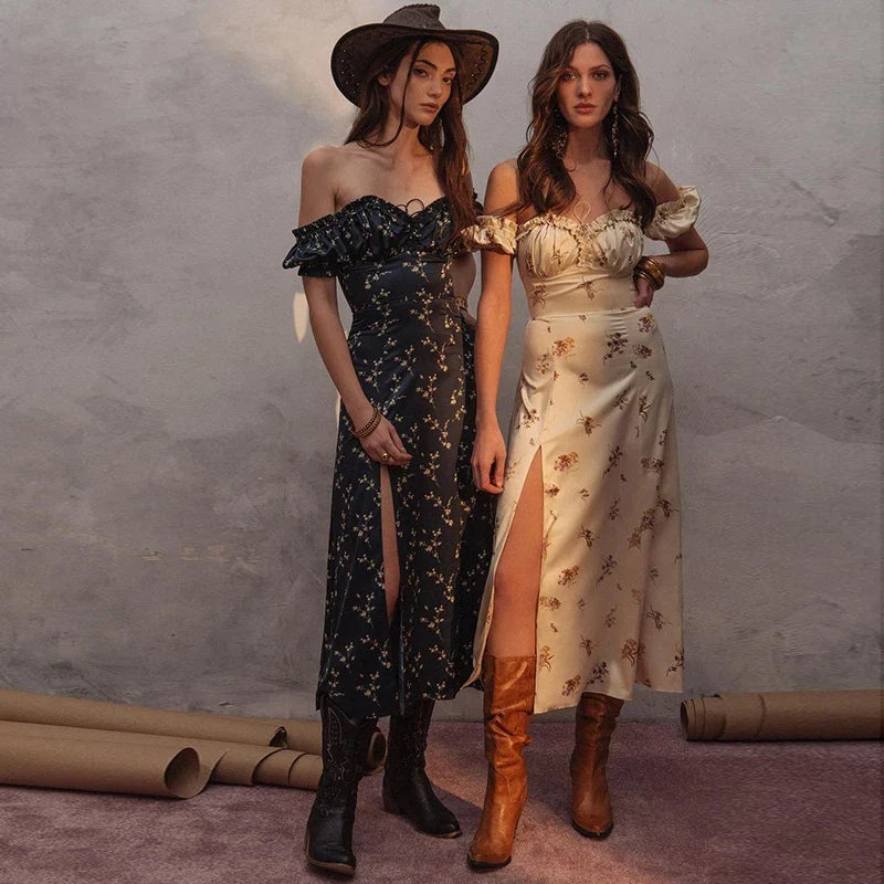 Summer Floral Off Shoulder Puff Sleeve Maxi Dress - MERGE.DAY.1.FREESTYLE