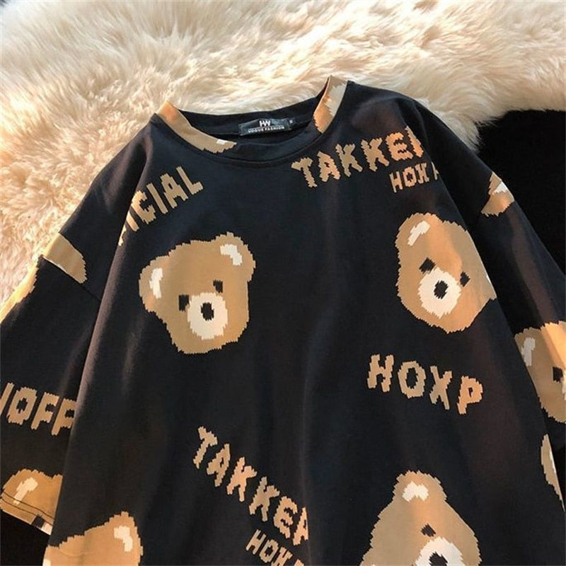 Summer Full Print Cartoon Bear Kawaii Short-Sleeved T-Shirt Loose Harajuku Casual - MERGE.DAY.1.FREESTYLE