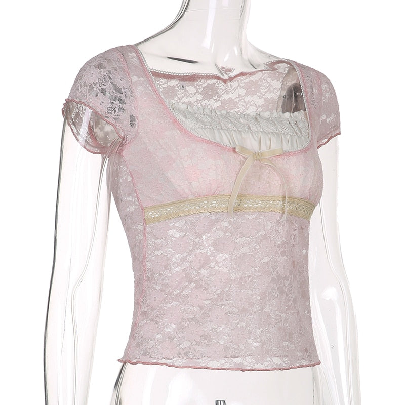 Trim Crop Top Bow Cute Sweet T Shirt Women Retro Short Sleeve Lace Patched Tshirt - MERGE.DAY.1.FREESTYLE