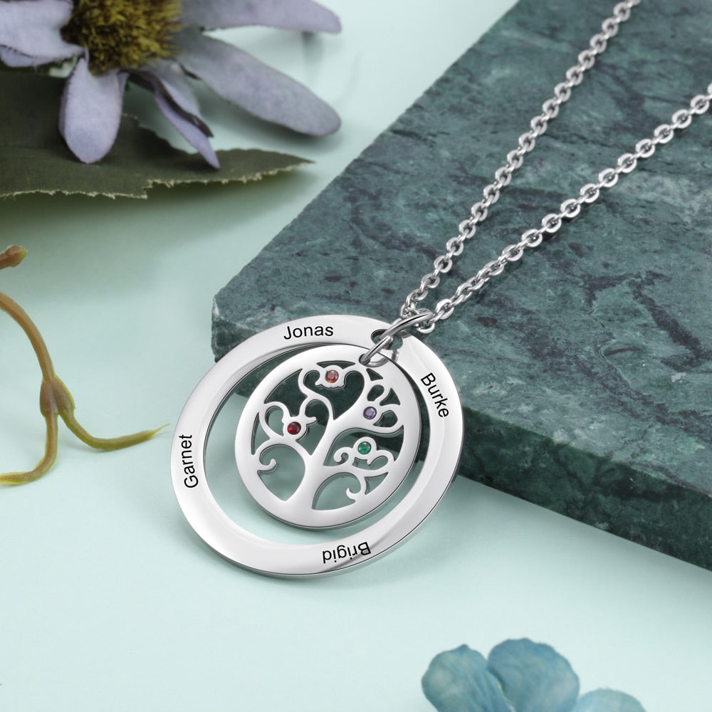 Tree of Life Name Necklace with Birthstone Name Engraved Pendant Family - MERGE.DAY.1.FREESTYLE