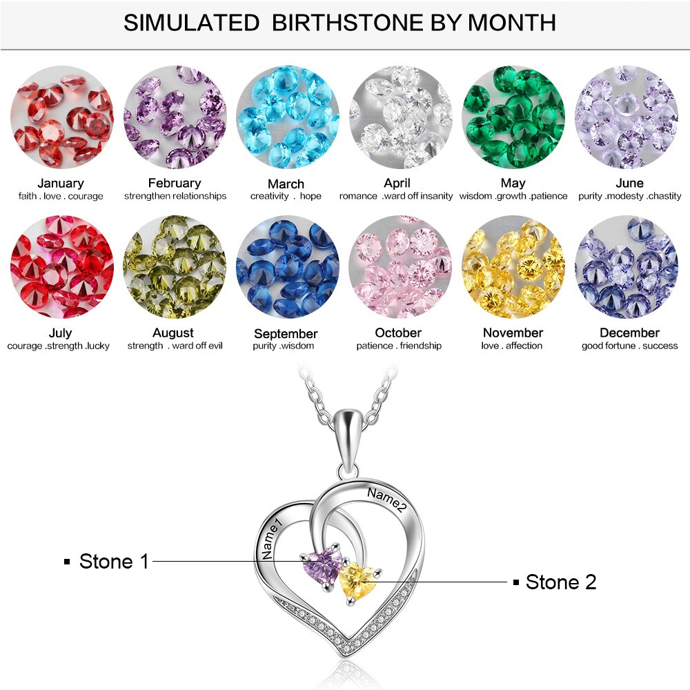 Personalized Heart Necklace with 2 Birthstones Engraved Name Couple Necklace - MERGE.DAY.1.FREESTYLE