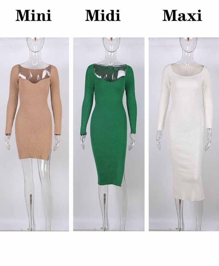 2022 Knitted Green Midi Sexy Bodycon Women Dress Spring Long Sleeve Off Shoulder Split Sweater Dresses - MERGE.DAY.1.FREESTYLE
