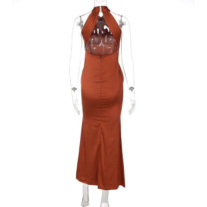 Solid Satin Halter Sleeveless Slim Bodycon Maxi Dress - MERGE.DAY.1.FREESTYLE