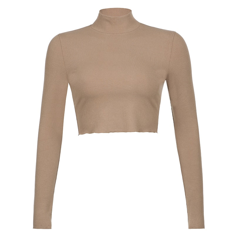 Solid Turtleneck Cropped T Shirt Women Autumn Casual Long Sleeve Ladies Skinny Basic - MERGE.DAY.1.FREESTYLE
