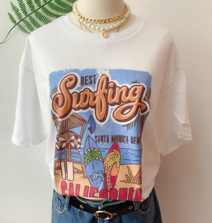 1pcs WHITE Tees Summer Casual Oversized Tee Best Surfing Santa Monica California Womens Retro Style - MERGE.DAY.1.FREESTYLE