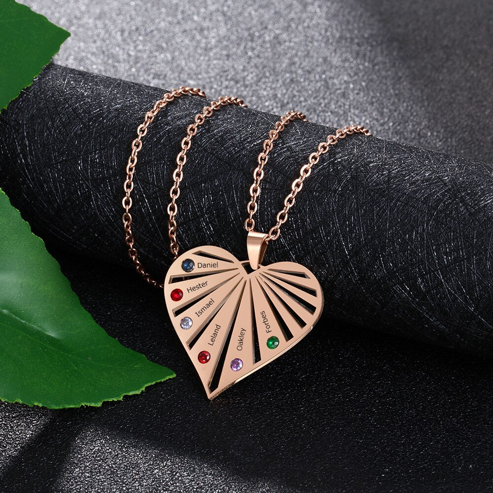 Personalized 6 Birthstones Necklaces for Women Custom Name Heart Stainless Steel Pendant - MERGE.DAY.1.FREESTYLE
