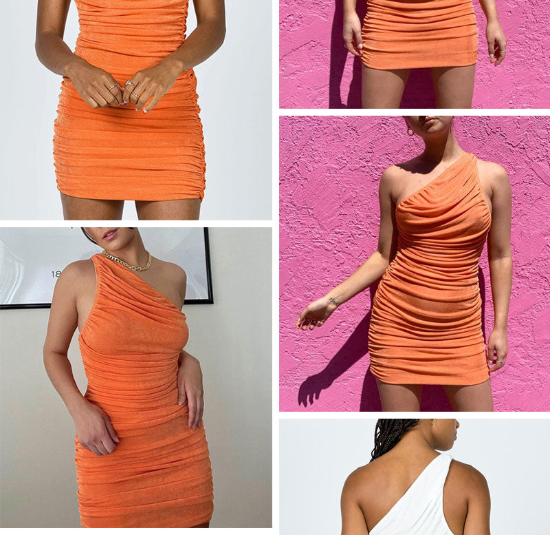 Elegant One Shoulder Party Dresses For Women Sleeveless Ruched Bodycon Dress Sexy Mini Summer Dress - MERGE.DAY.1.FREESTYLE