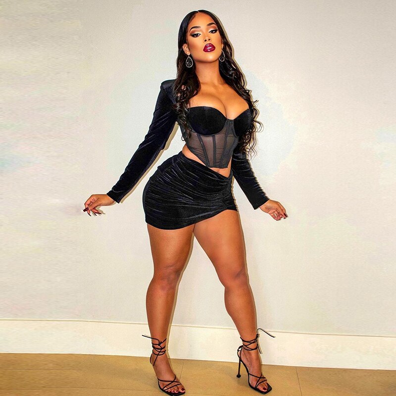 Velvet Mesh Long Sleeve Corset Out Crop Top Ruched Mini Dress 2 Pcs Set Bodycon - MERGE.DAY.1.FREESTYLE