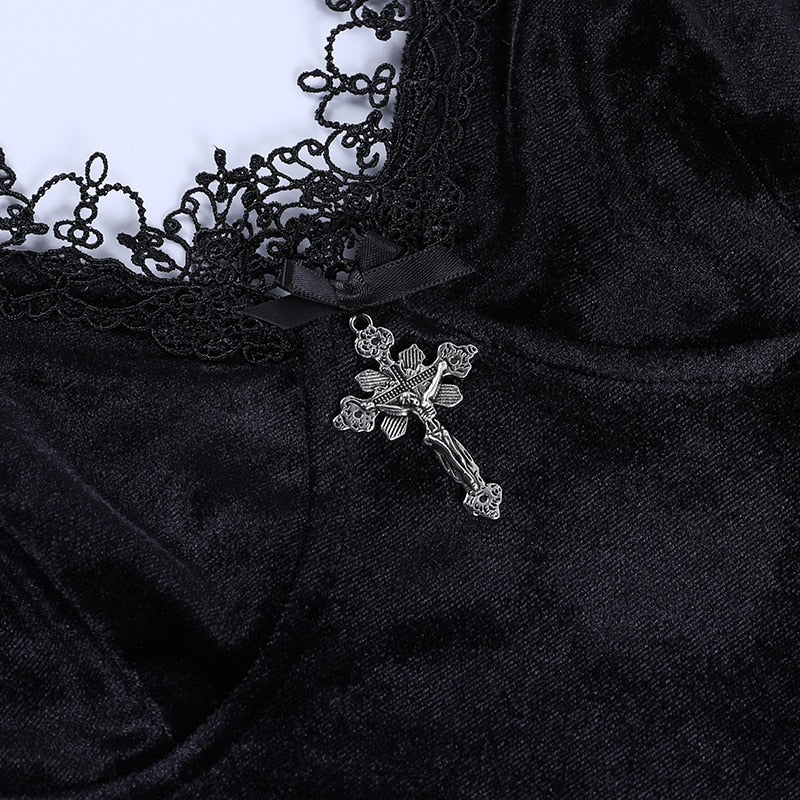Gothic Dark Cross Black Mini Dress Vintage Sexy Spaghetti Strap High Waist Slit Dresses - MERGE.DAY.1.FREESTYLE
