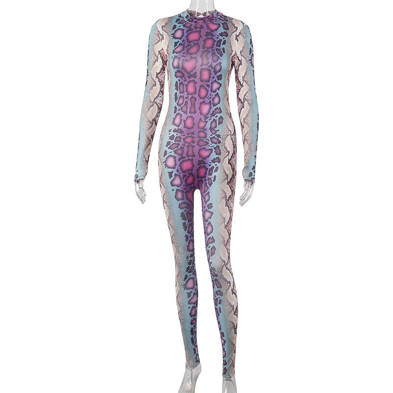 Sexy Women Jumpsuit Serpentine Print O-neck Long Sleeve Jumpsuit Backless Bodycon Jumpsuit - MERGE.DAY.1.FREESTYLE