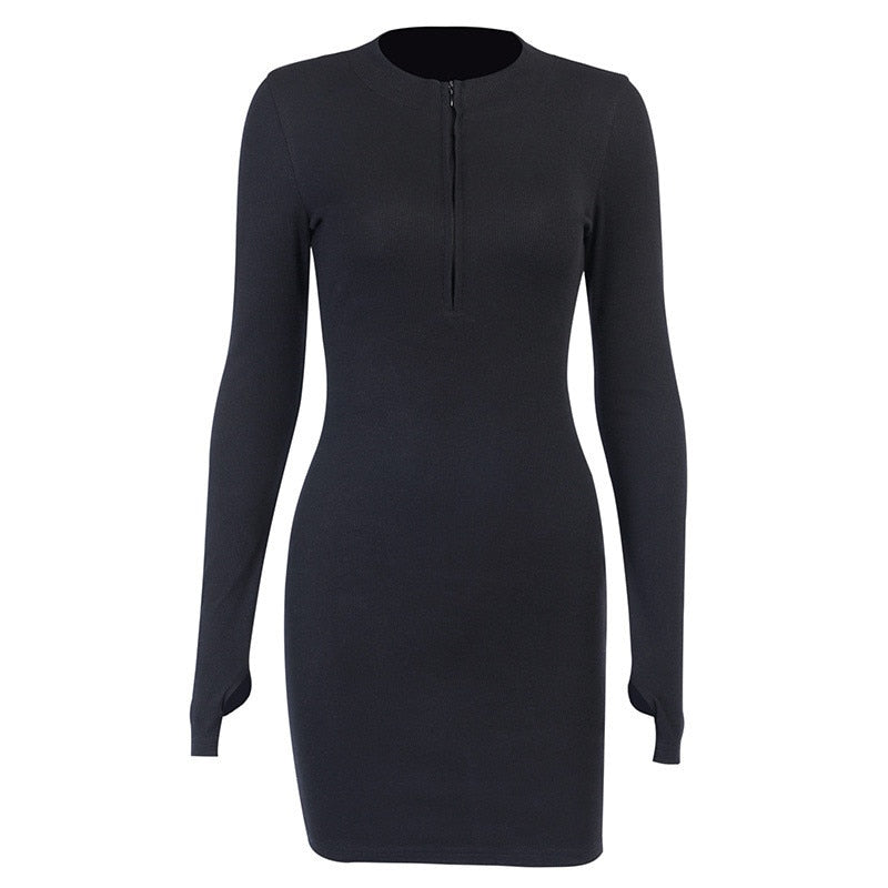 Bodycon Ribbed Dress Stand Collar Zipper Deep V-neck Solid Stretch Mini Vestido - MERGE.DAY.1.FREESTYLE