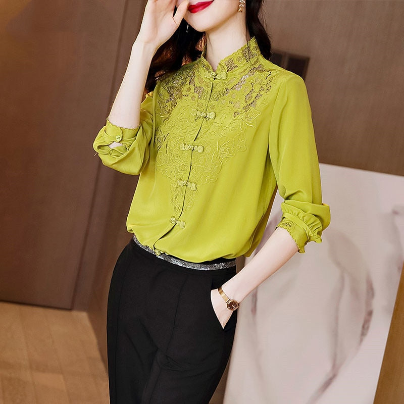 Embroidery Hollow Blouse Women Long Sleeve Imitation Silk Top Loose Vintage Shirt Plus Size - MERGE.DAY.1.FREESTYLE