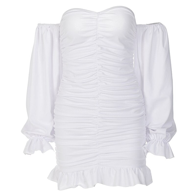 Off Shoulder Long Loose Flare Puff Sleeve Ruched Mini Dress - MERGE.DAY.1.FREESTYLE
