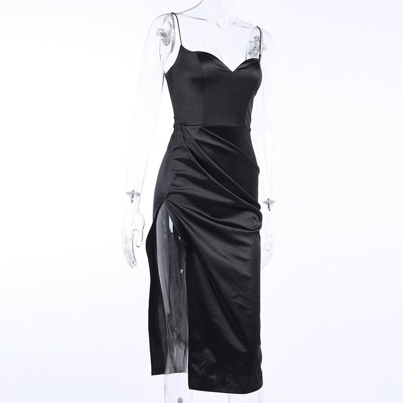 Satin Spaghetti Straps Low Cut Long Dress Women Summer Ruched Side High Split Maxi Dress - MERGE.DAY.1.FREESTYLE