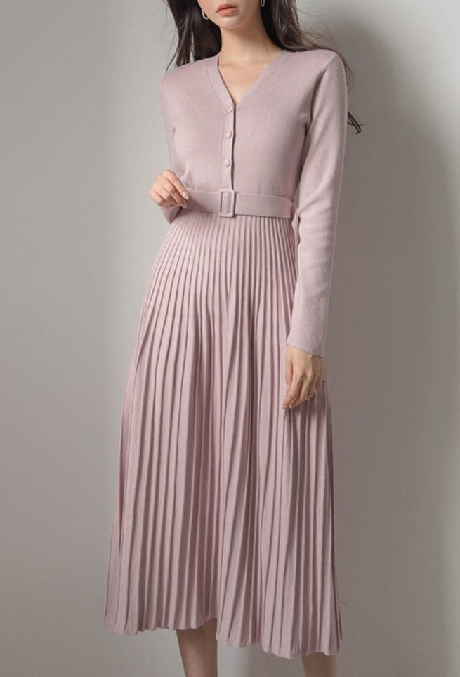 V-neck Single-breasted Women Thicken Sweater Dress Knitted Belted Female A-line soft dresses - MERGE.DAY.1.FREESTYLE