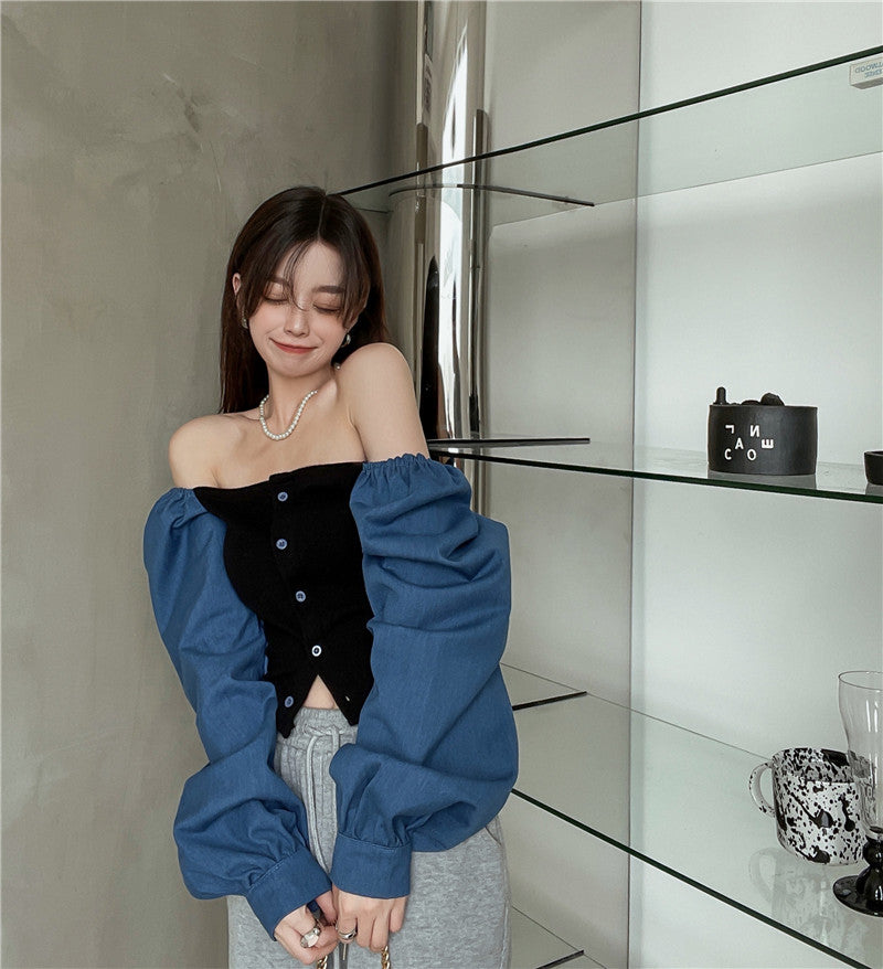 Patchwork Denim Shirts Women French Square Collar Puff Blouses Long Sleeve Crop Tops - MERGE.DAY.1.FREESTYLE