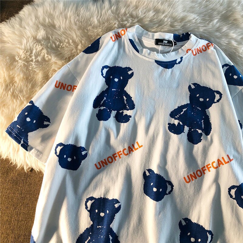 Summer Full Print Cartoon Bear Kawaii Short-Sleeved T-Shirt Loose Harajuku Casual - MERGE.DAY.1.FREESTYLE