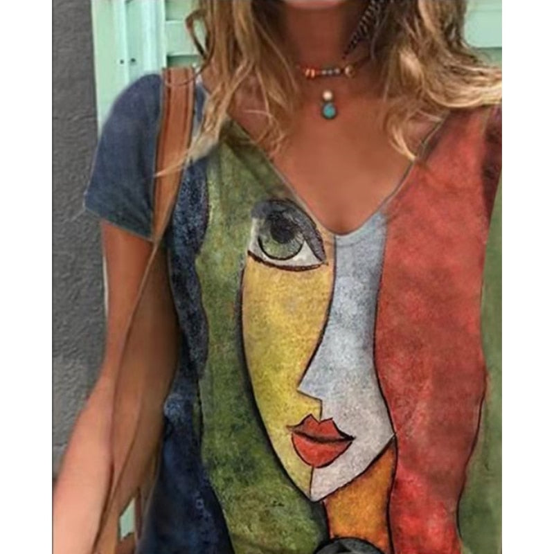 V Neck Tshirt Women's Summer Print Shirt Tops Loose Female Tee Streetwear Short Sleeve Clothes - MERGE.DAY.1.FREESTYLE