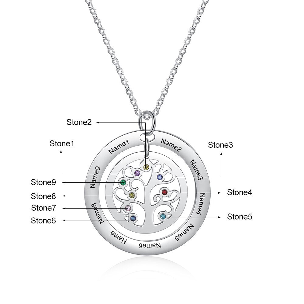 Tree of Life Name Necklace with Birthstone Name Engraved Pendant Family - MERGE.DAY.1.FREESTYLE