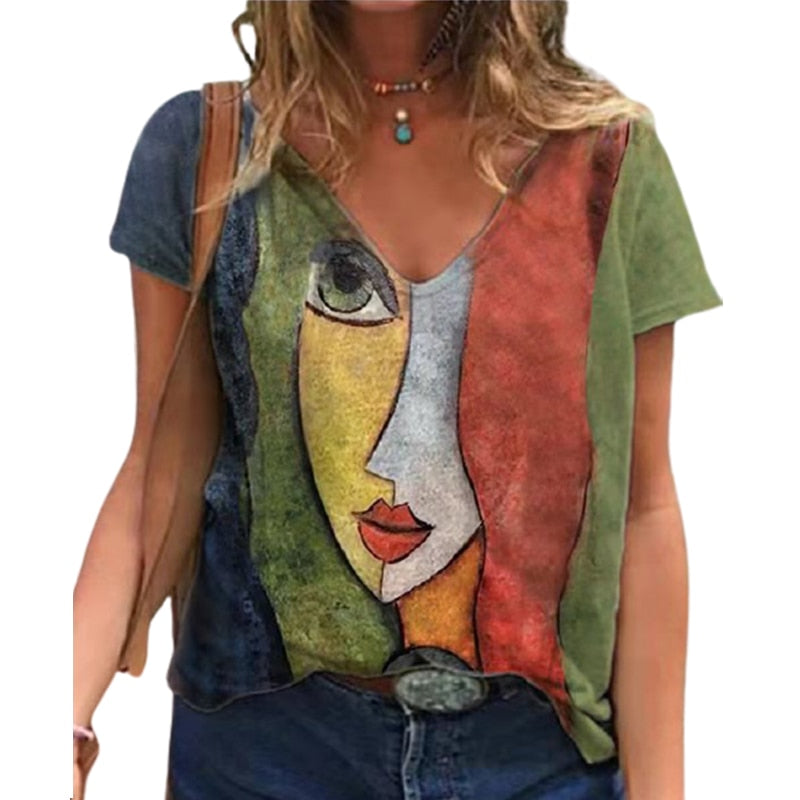 V Neck Tshirt Women's Summer Print Shirt Tops Loose Female Tee Streetwear Short Sleeve Clothes - MERGE.DAY.1.FREESTYLE