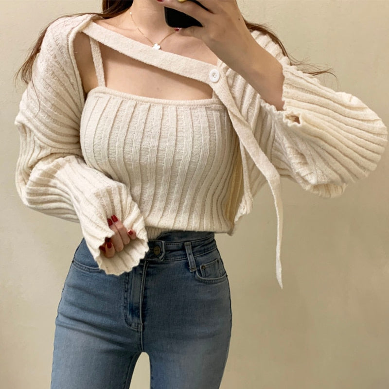 Camisole Knitted Cardigans Women Two Piece Sets 2021 Autumn Sweater Jacket Woman - MERGE.DAY.1.FREESTYLE