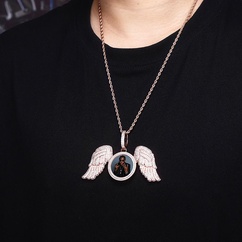 Angel Wings Custom Photo Medallion Necklace Iced Out Cubic Zirconia Pendant Hip Hop Jewelry - MERGE.DAY.1.FREESTYLE
