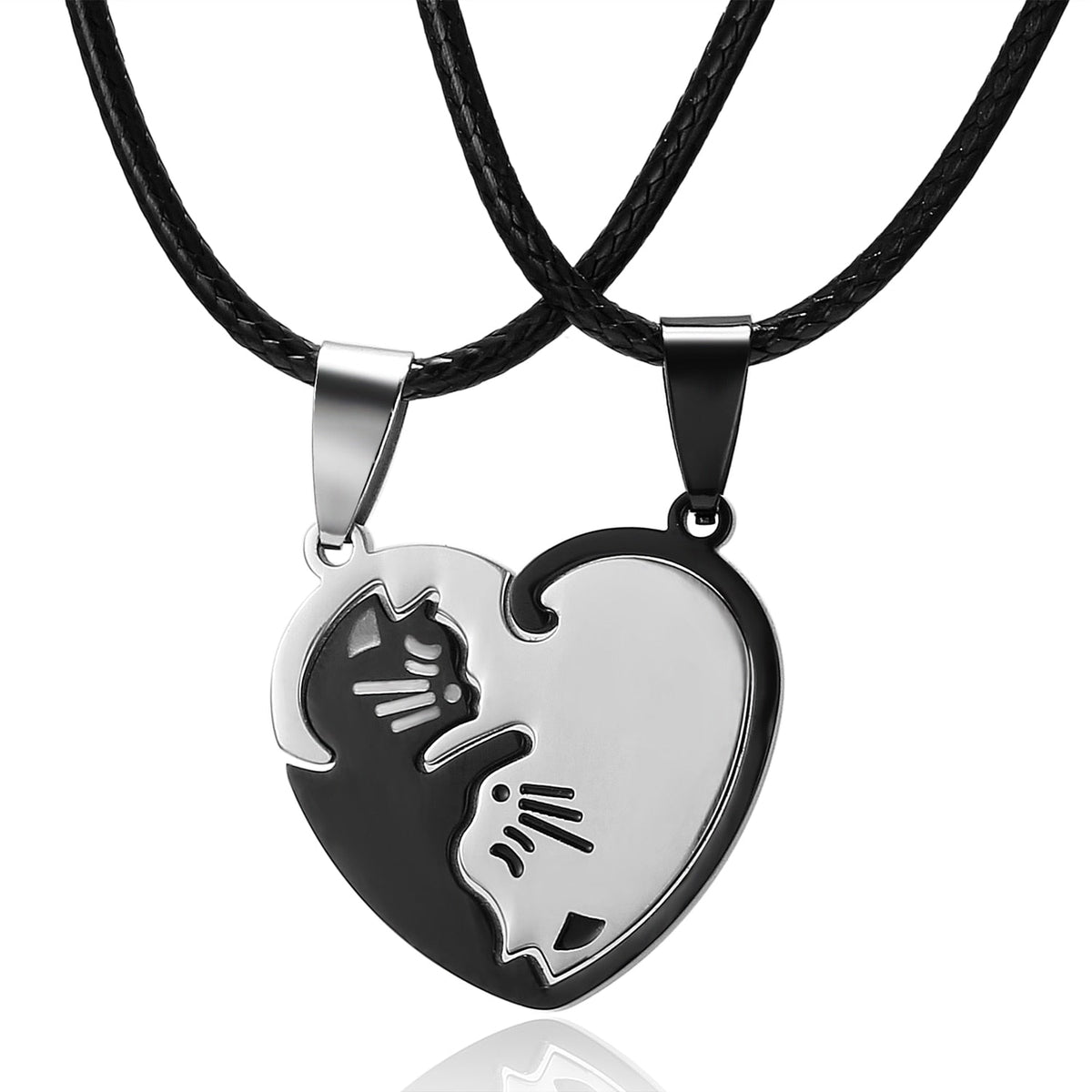 Black White Cat Stitching Necklace Friendship Heart Shape Gold White Cat Cute Couple Jewelry - MERGE.DAY.1.FREESTYLE