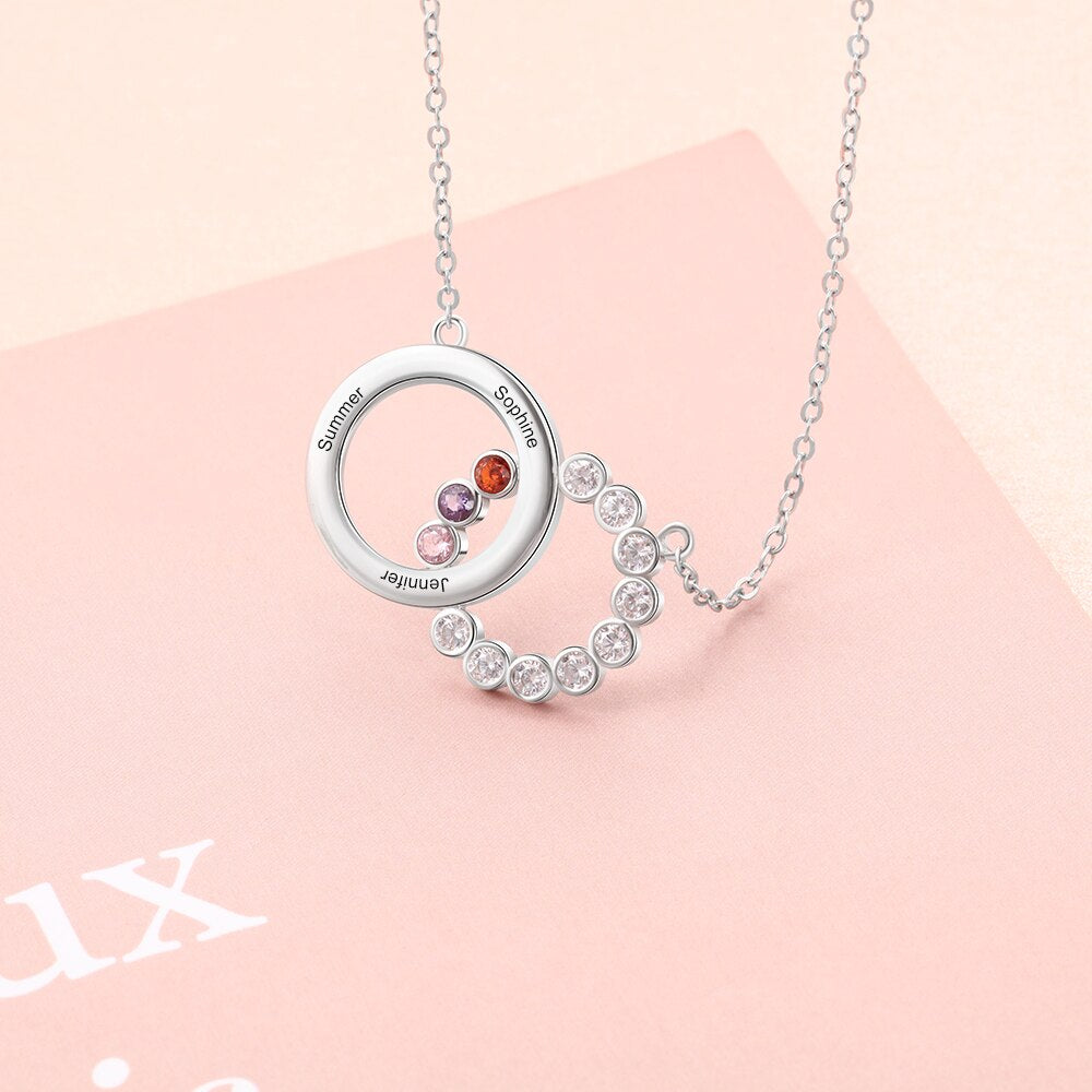Personalized Name Interlocking Circle Pendants Custom 3 Birthstones Necklaces - MERGE.DAY.1.FREESTYLE