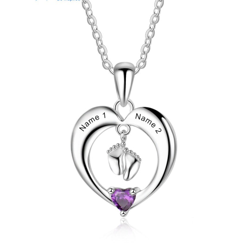 Personalized Name Heart Birthstone Baby Feet Necklace - MERGE.DAY.1.FREESTYLE