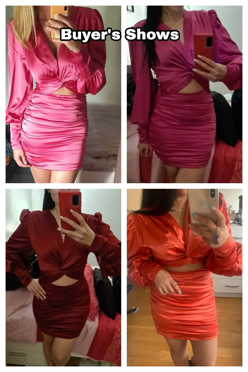 deep v neck bodycon dress Party club hollow out mini dress Elegant lantern sleeve satin dress - MERGE.DAY.1.FREESTYLE
